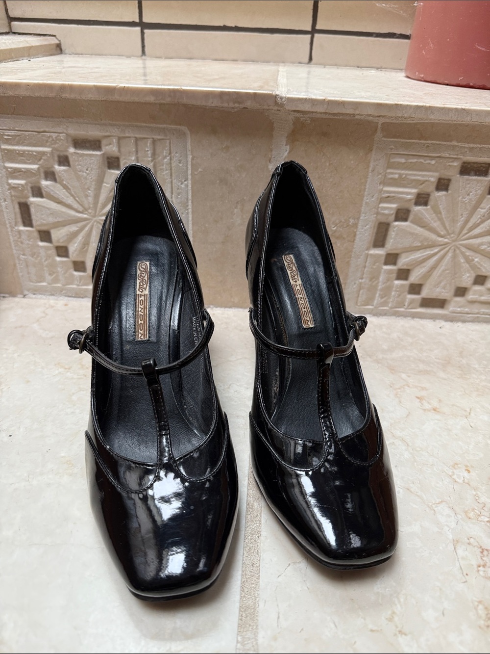 Classic Black Patent T-Strap Heels - Women's